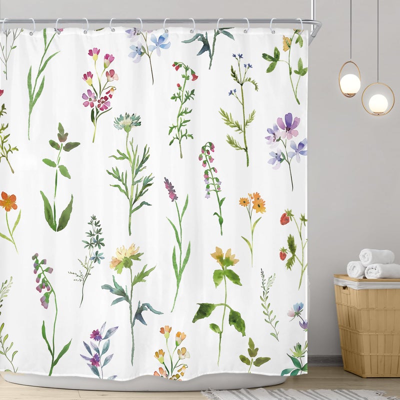 Riyidecor Botanical Shower Curtain for Bathdroom 72Wx72H Inch Watercolor Wildflower Shower Curtains Floral Leaves Plant Flower Girl Bathroom Accessories Women Fabric Waterproof 12 Plastic Shower Hooks - Image 2